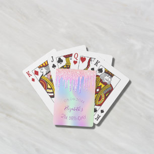 Birthday glitter drip holographic rainbow monogram playing cards