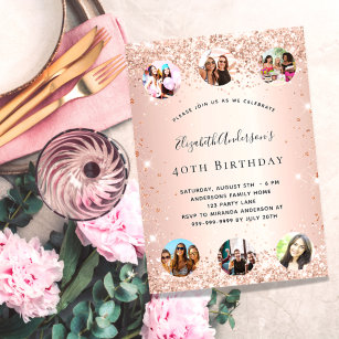 Birthday glitter rose gold blush photo collage invitation