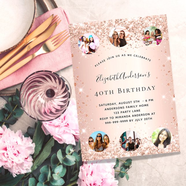 Birthday glitter rose gold blush photo collage invitation (Creator Uploaded)
