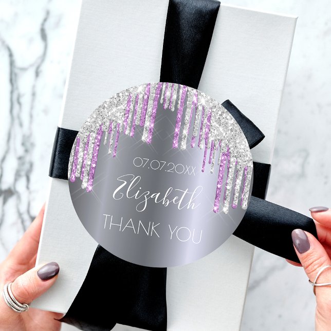 Birthday glitter silver purple sparkle Thank You Classic Round Sticker (Creator Uploaded)