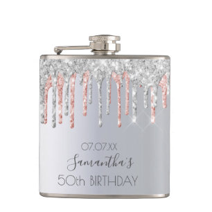 Birthday glitter silver rose gold friend hip flask