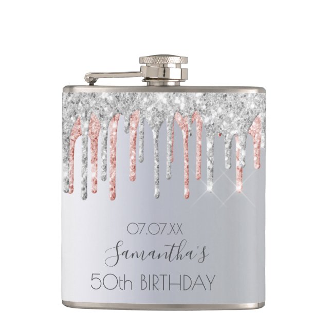 Birthday glitter silver rose gold friend hip flask (Front)