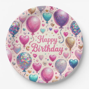 Birthday Glittery Balloons Paper Plate