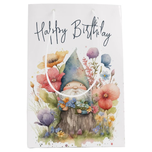 Birthday Gnome In Flowers  Medium Gift Bag (Front)