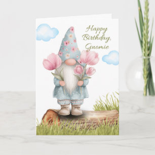 Birthday Gnome with Pink Peony Flowers Card