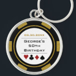 Birthday Gold Black Poker Chip Las Vegas Casino Key Ring<br><div class="desc">This black and gold poker chip style keychain would make a perfect gift for either the birthday boy, or, for the whole party as a gift! Personalise your design with a name and birth date # in black in the centre, and your custom text in a golden colour on top....</div>