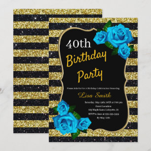 Birthday Gold Black Stripes Glitter Blue Roses Invitation