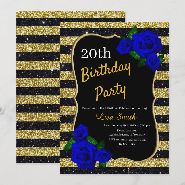 Birthday Gold Black Stripes Glitter Deep Blue Rose Invitation (Front/Back)