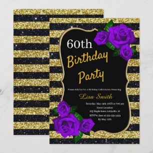 Birthday Gold Black Stripes Glitter Purple Roses Invitation