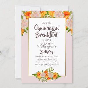 Birthday Gold Blush Floral Champagne Breakfast Invitation