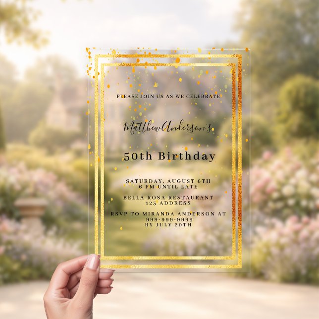 Birthday gold confetti clear acrylic invitations (Creator Uploaded)