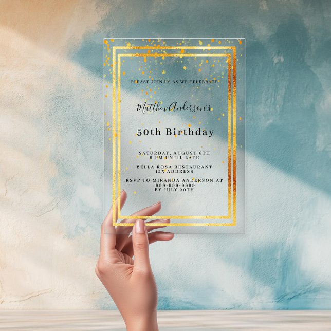 Birthday gold confetti clear acrylic invitations (Creator Uploaded)