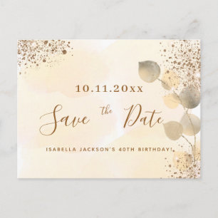 Birthday gold eucalyptus glitter save the date announcement postcard