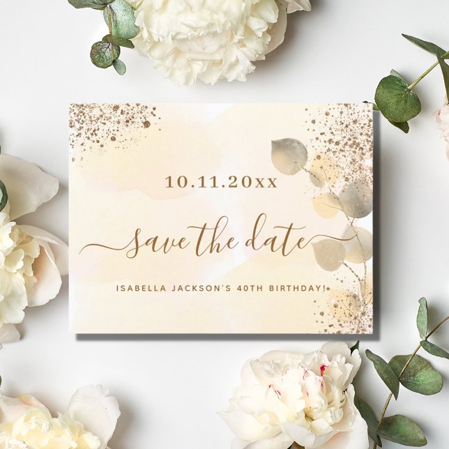 Birthday gold eucalyptus glitter save the date announcement postcard (Creator Uploaded)