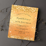 Birthday gold glitter glamourous invitation postcard<br><div class="desc">For an elegant 50th (or any age) birthday party. An gold looking background. Decorated with faux glitter.  Personalise and add a name and party details. The name is written with a hand lettered style script</div>