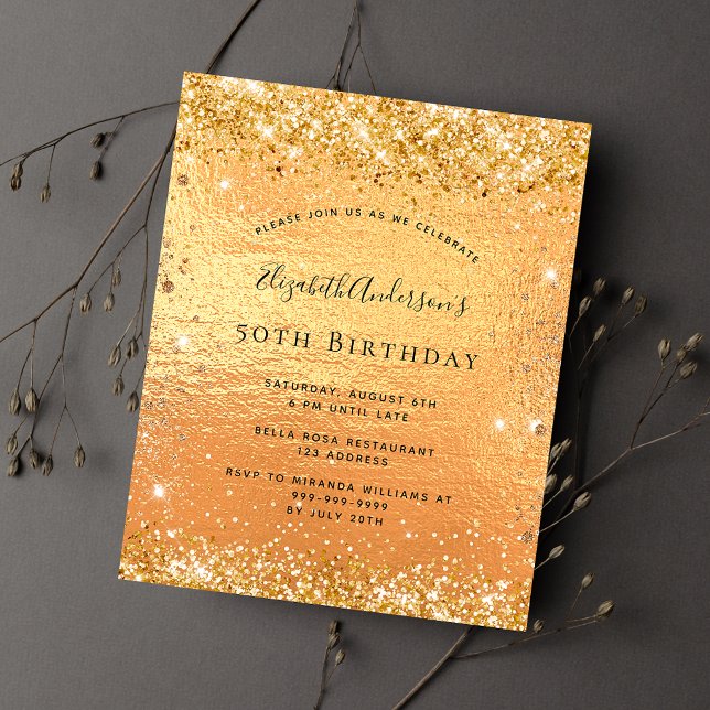 Birthday gold glitter glamourous invitation postcard (Creator Uploaded)