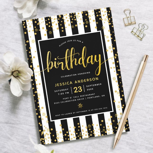 Birthday gold glitter script black white stripes invitation (Creator Uploaded)