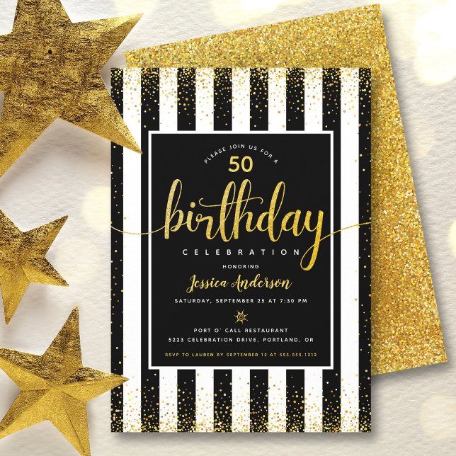 Birthday gold glitter script on black custom year invitation (Creator Uploaded)