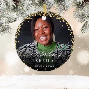 Birthday gold glitter sparkles photo name ceramic ornament