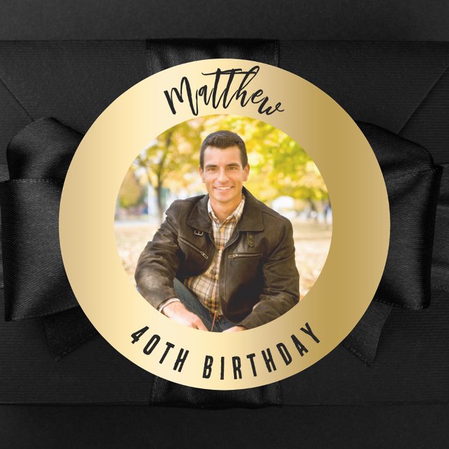 Birthday gold photo classic round sticker (Creator Uploaded)