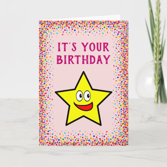 Birthday Gold Star Pink Colourful Confetti Card (Front)