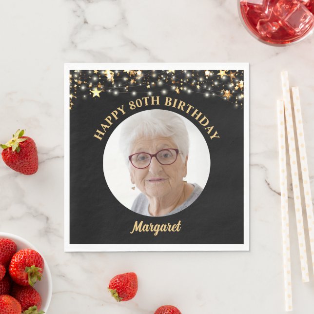 Birthday Gold Stars Photo Any Age Custom Colour Napkin (Insitu)