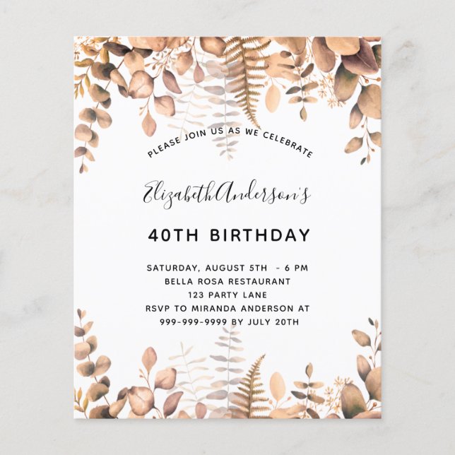 Birthday golden eucalyptus budget invitation flyer (Front)