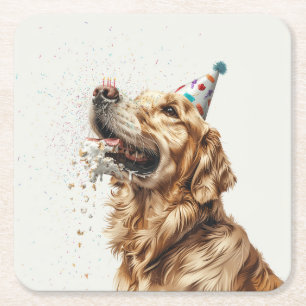 Birthday Golden Retriever Dog Square Paper Coaster