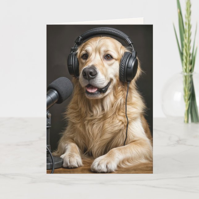 Birthday Golden Retriever Hosting a Podcast Card (Front)