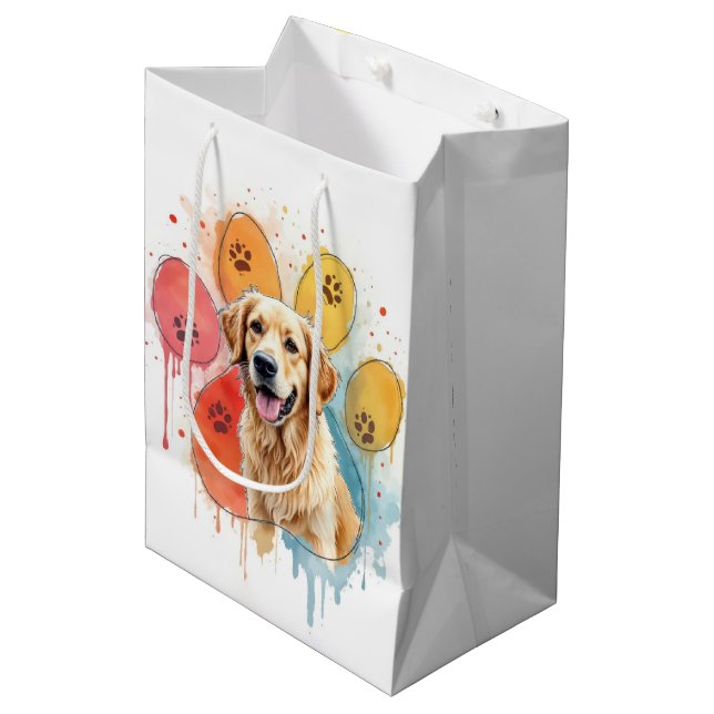 Birthday Golden Retriever in Paw Print Medium Gift Bag (Front Angled)