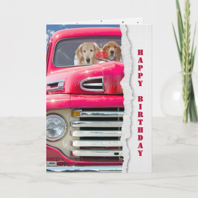Birthday Golden Retriever in Red Truck Card (Front)