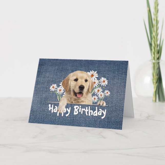 Birthday Golden Retriever on Blue Denim Card (Front)