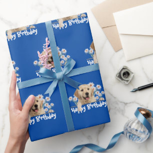 Birthday Golden Retriever on Blue Wrapping Paper