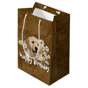 Birthday Golden Retriever On Brown Leather Medium Gift Bag