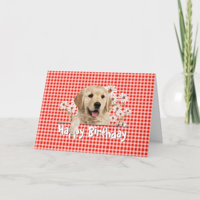 Birthday Golden Retriever on Gingham Card (Front)