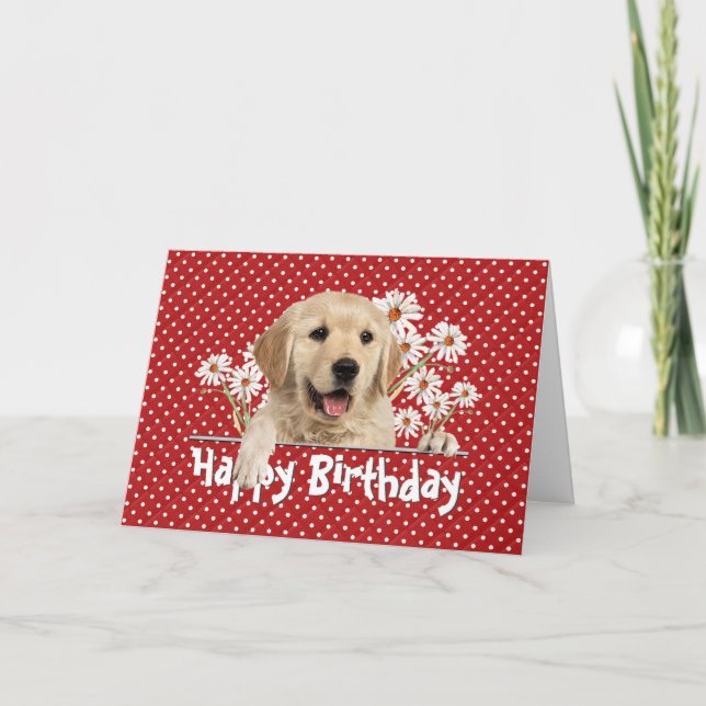 Birthday Golden Retriever on Polka Dots Card (Front)