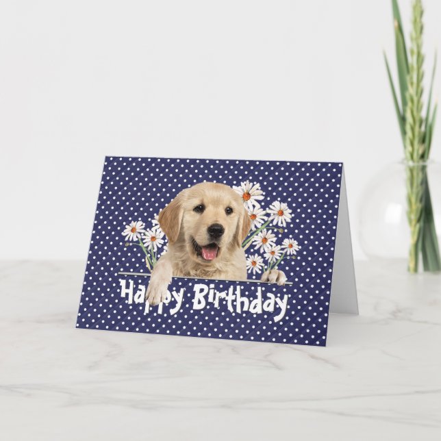 Birthday Golden Retriever on Polka Dots  Card (Front)
