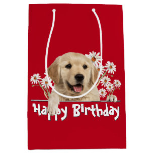 Birthday Golden Retriever On Red Medium Gift Bag