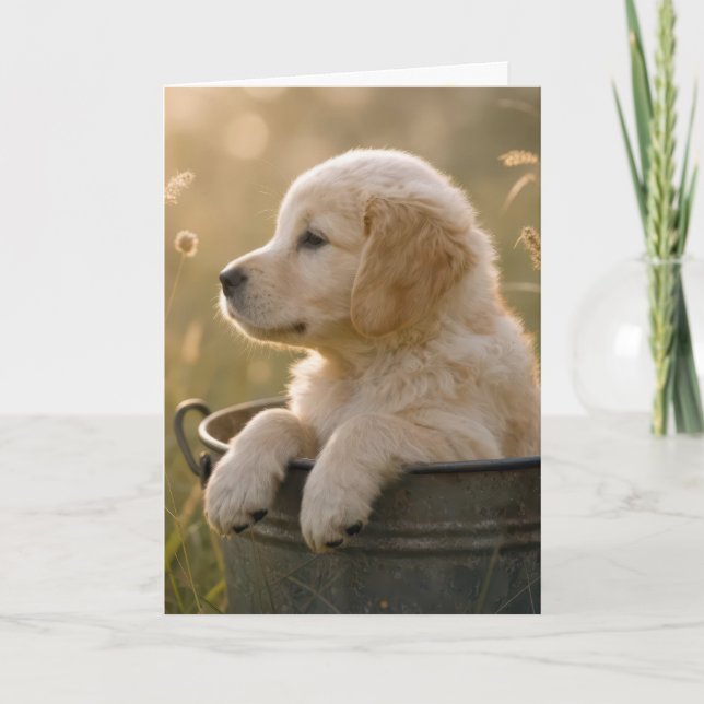 Birthday Golden Retriever Puppy in a Bucket Card (Front)