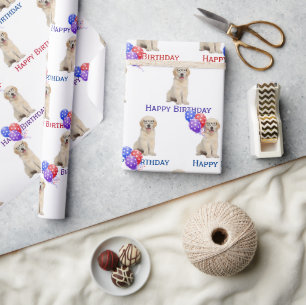 Birthday Golden Retriever Puppy With Balloons Wrapping Paper