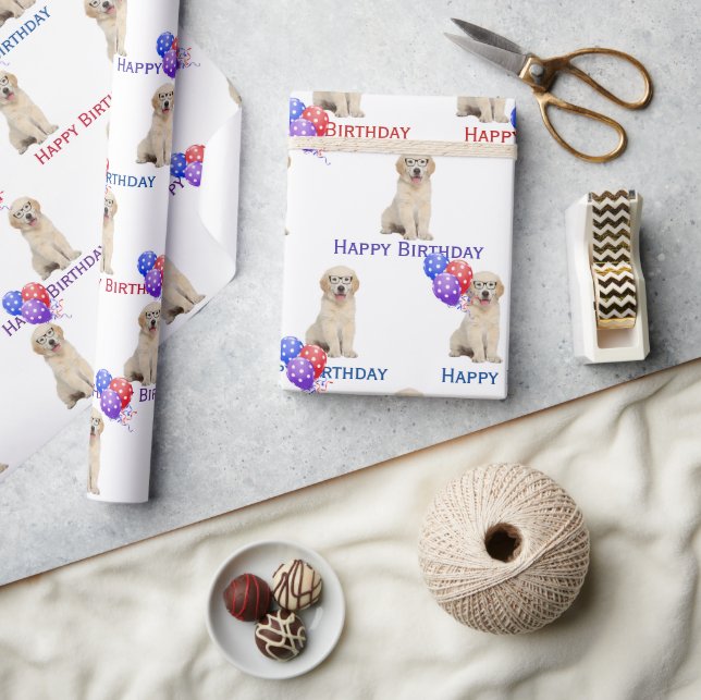 Birthday Golden Retriever Puppy With Balloons Wrapping Paper (Crafts)