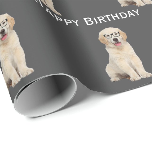 Birthday Golden Retriever Puppy With Glasses  Wrap Wrapping Paper (Roll Corner)