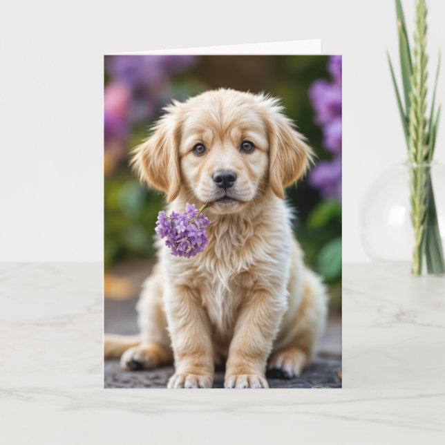 Birthday Golden Retriever Puppy With Lilacs Card (Front)