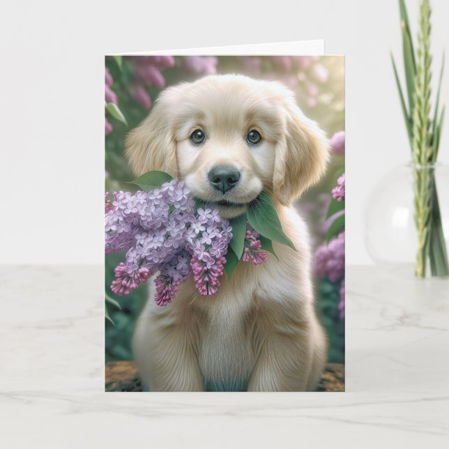Birthday Golden Retriever Puppy With Lilacs Card (Front)