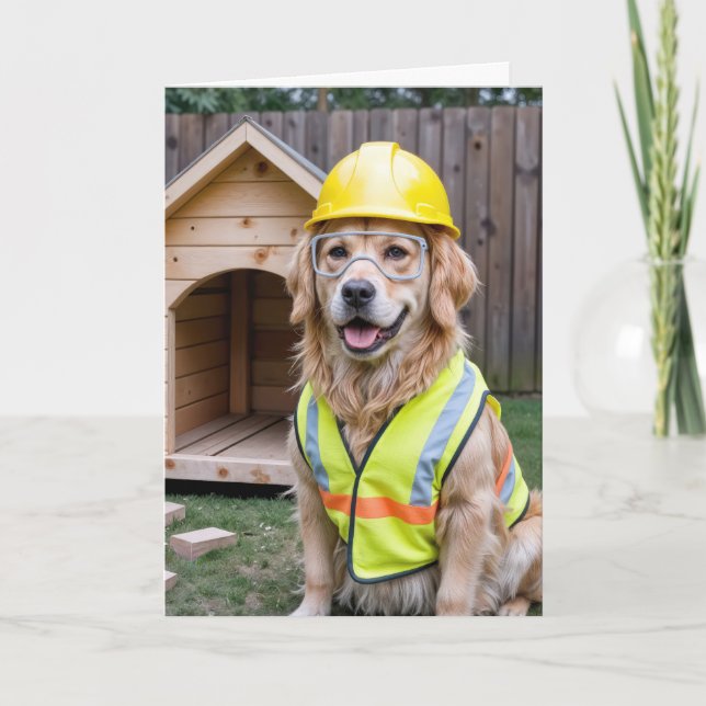 Birthday Golden Retriever Wearing a Hard Hat Card (Front)