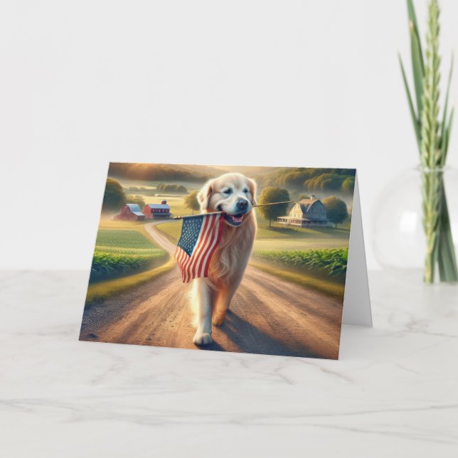Birthday Golden Retriever With American Flag Card (Front)