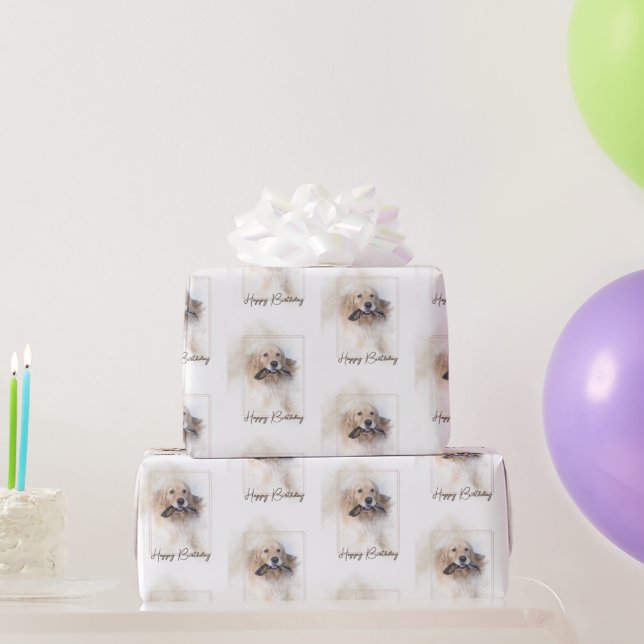 Birthday Golden Retriever with Leash  Wrapping Paper (Party Gifts)