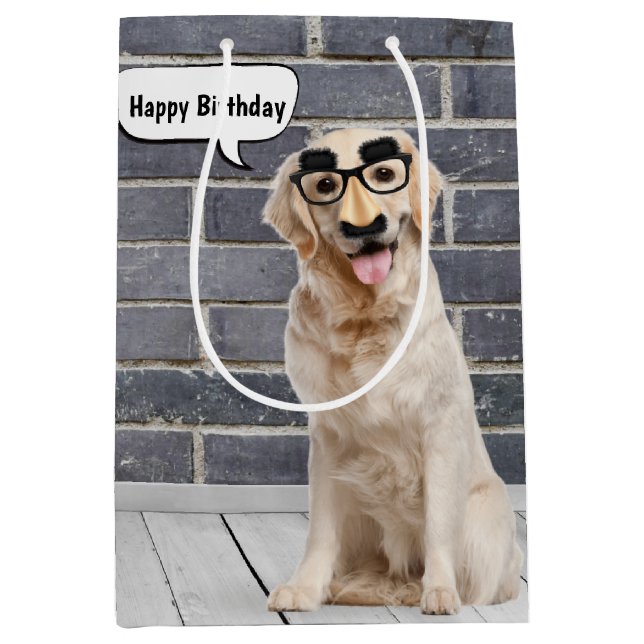 Birthday Golden Retriever with Moustache Mask Smal Medium Gift Bag (Front)