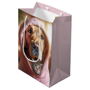 Birthday Golden Retriever With Tabby Kitten Medium Gift Bag
