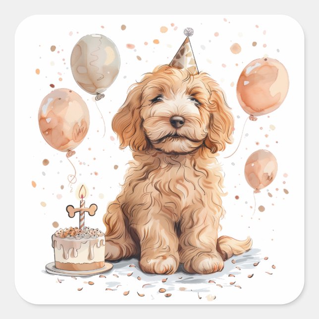Birthday Goldendoodle Dog Birthday Cake Square Sticker (Front)